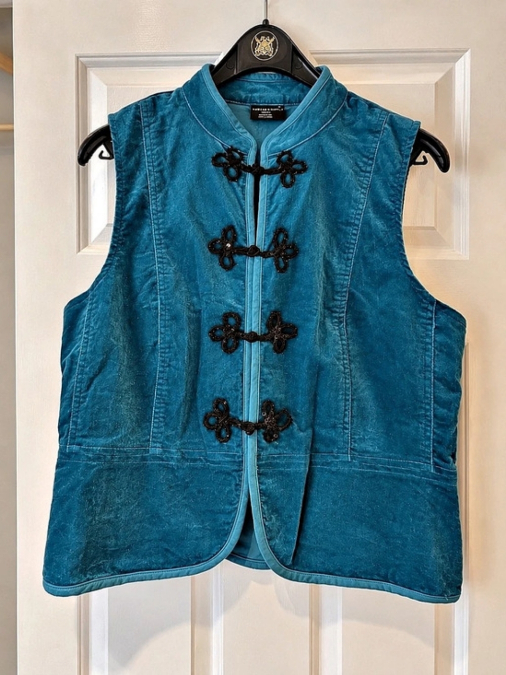 TRIBAL Vintage Y2K Velvet Vest Mandarin Collar Frog Closures Teal M Fairycore